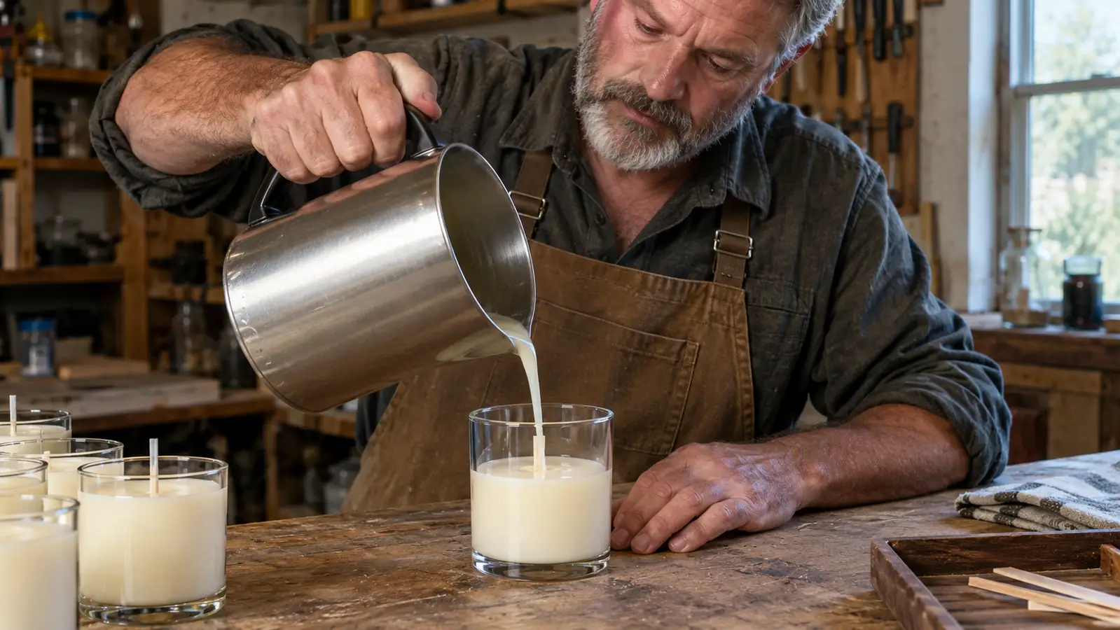 A hand holding a pouring pot with a dripless spout over a candle container