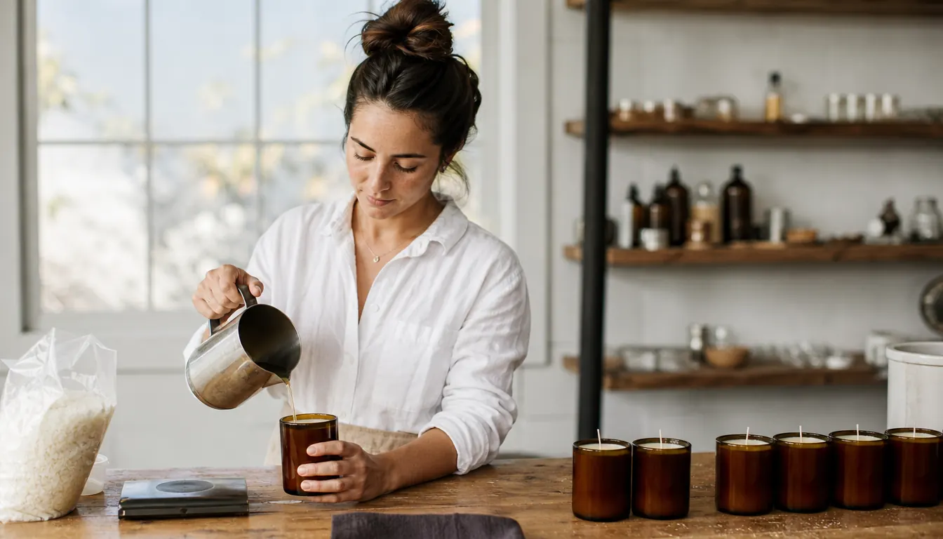 A clean workbench with a pouring pot, wax flakes, and finished candles