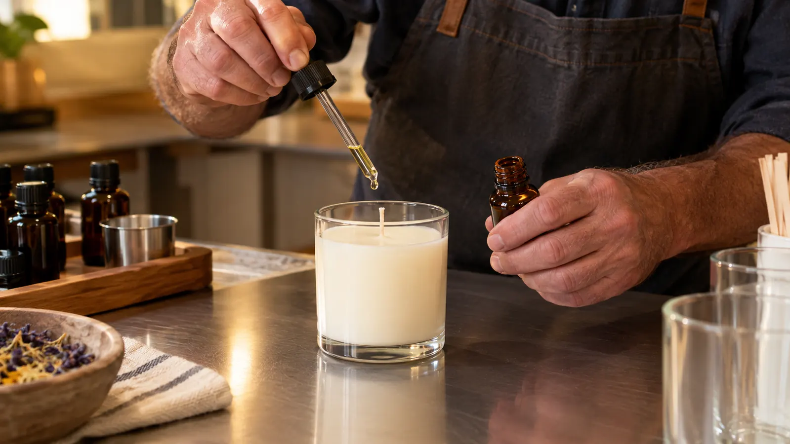 A hand holding a dropper of fragrance oil above a glass candle jar on a stainless steel worktable