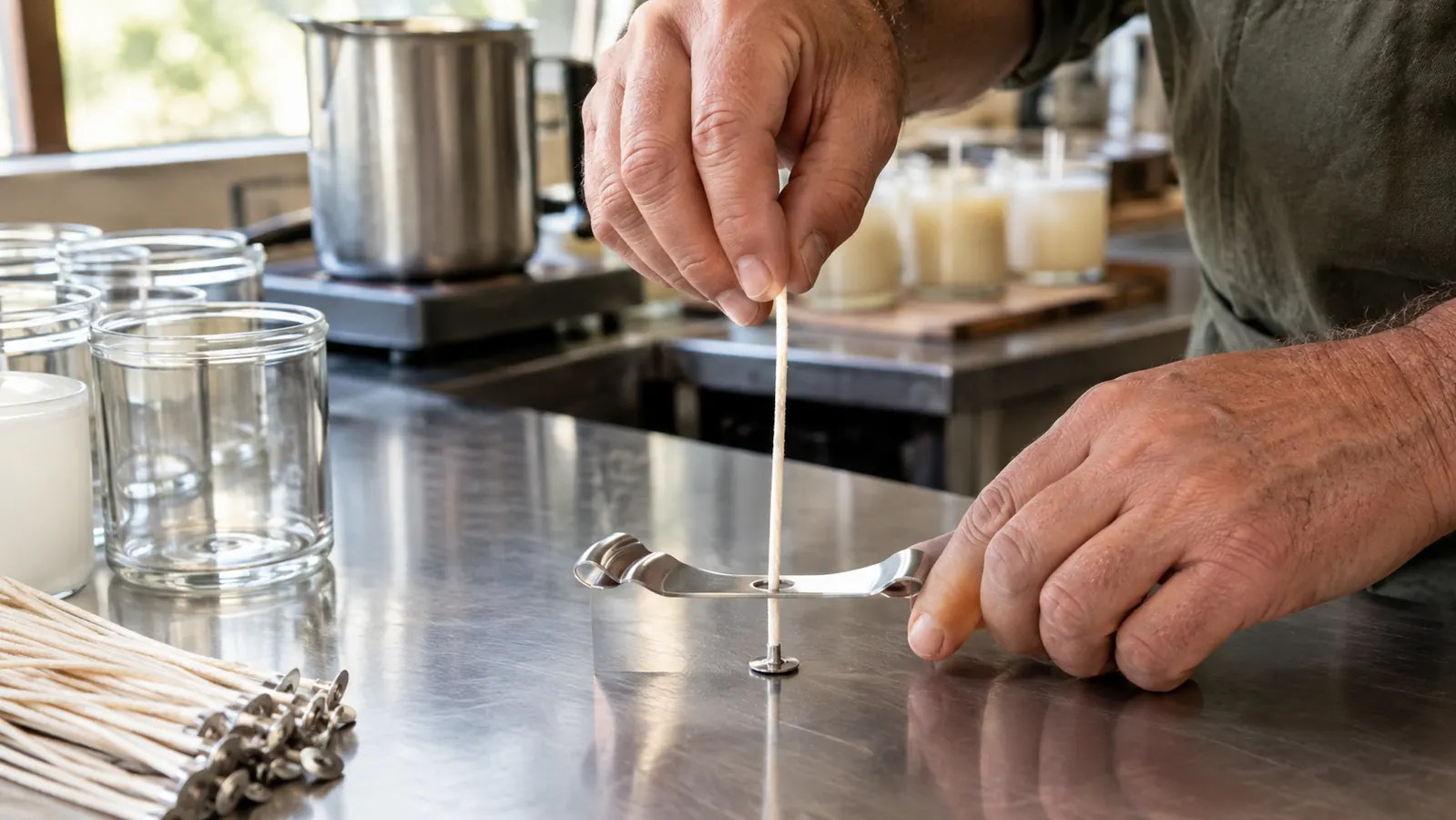 A hand placing a pre-waxed cotton wick into a metal wick centering tool on a stainless work surface