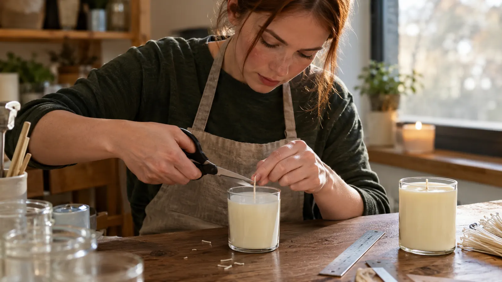 A candle maker trimming a wick with scissors to a quarter inch before lighting