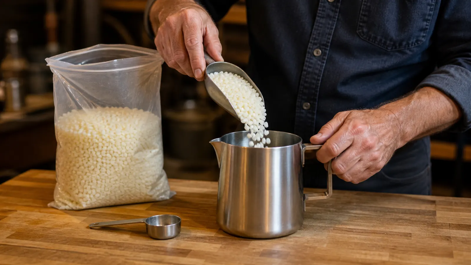 A hand sprinkling soy wax beads into a stainless steel pouring pitcher on a kitchen counter