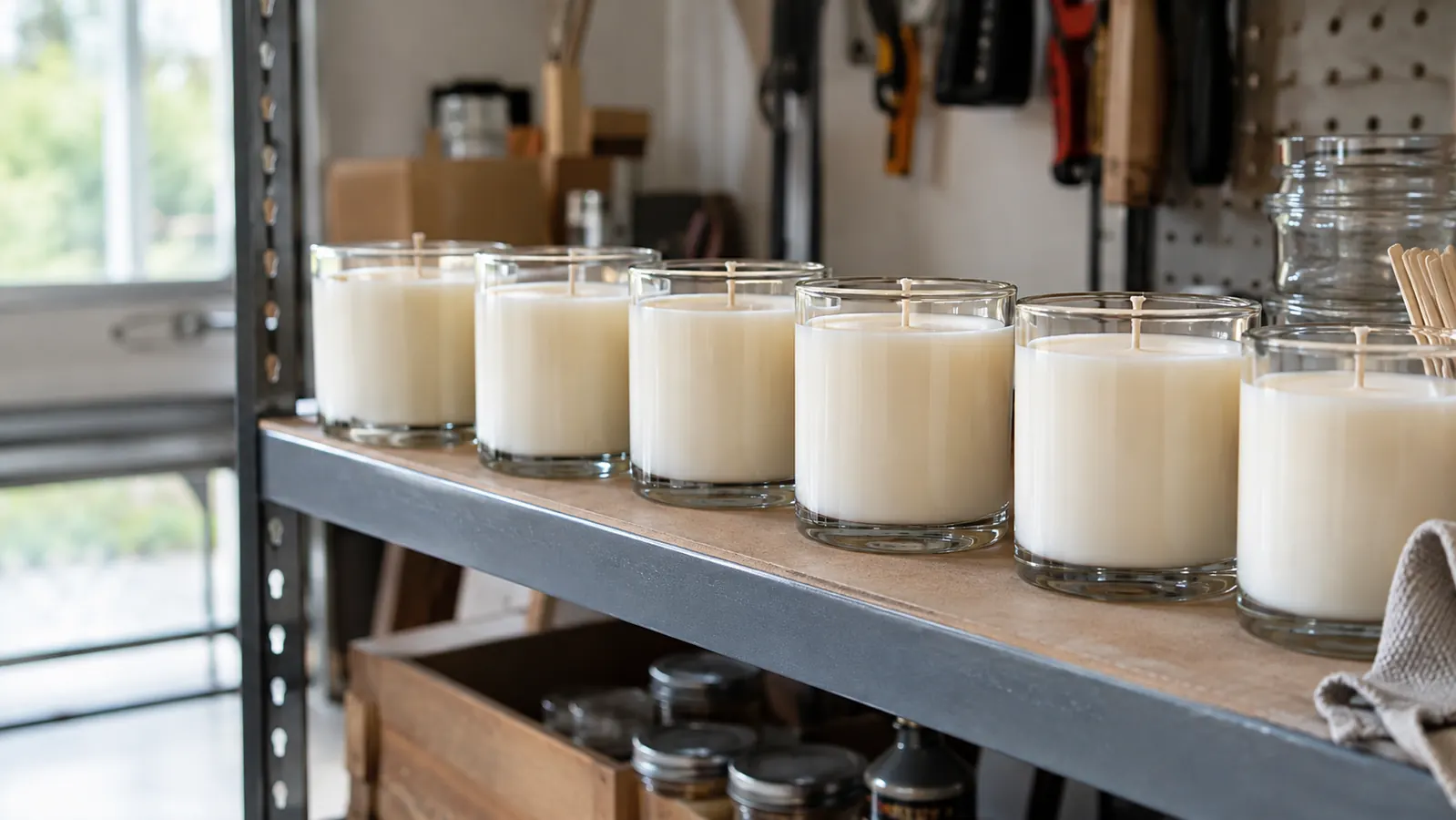 A row of finished soy candles cooling on a metal utility shelf in a garage workshop