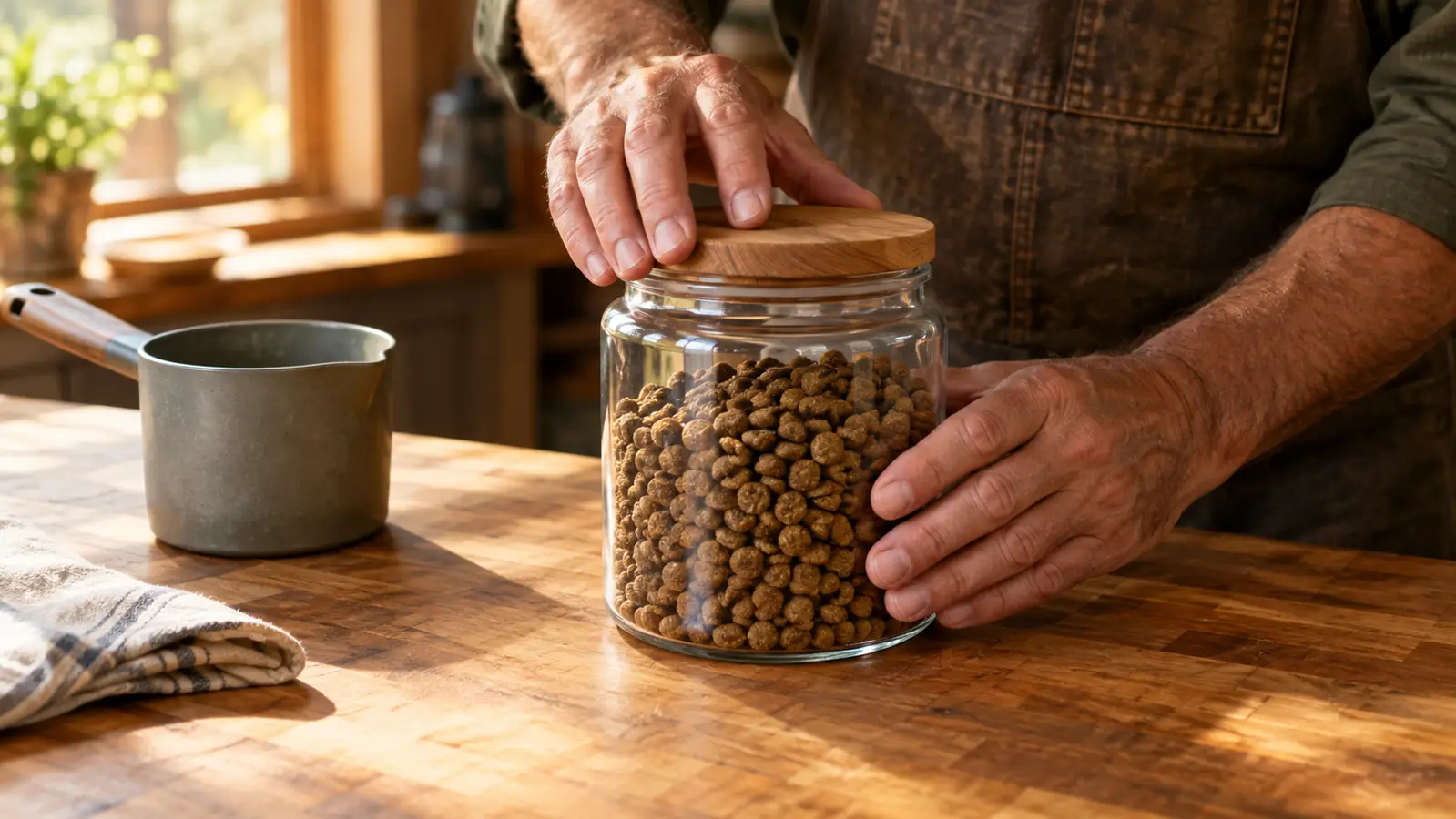 A hand placing a wood lid on a clear glass candle jar on a worktable