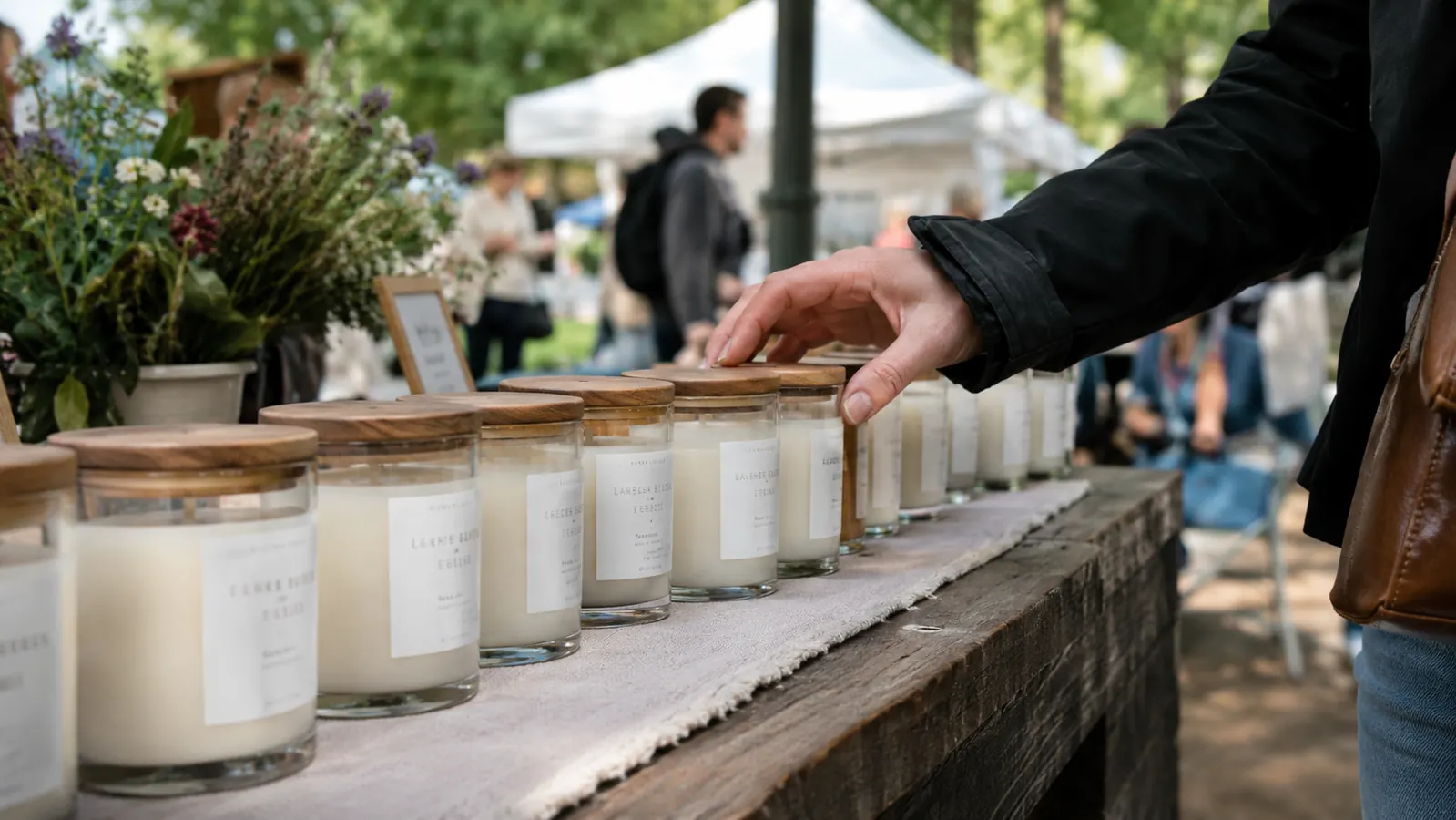 A row of candles in clear glass jars with wood lids on a market table, a customer reaching toward one