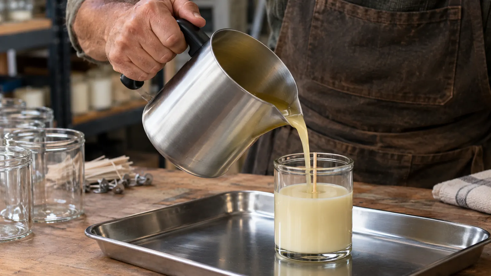 A hand holding a pouring pot with a dripless spout over a glass candle jar on a stainless steel tray