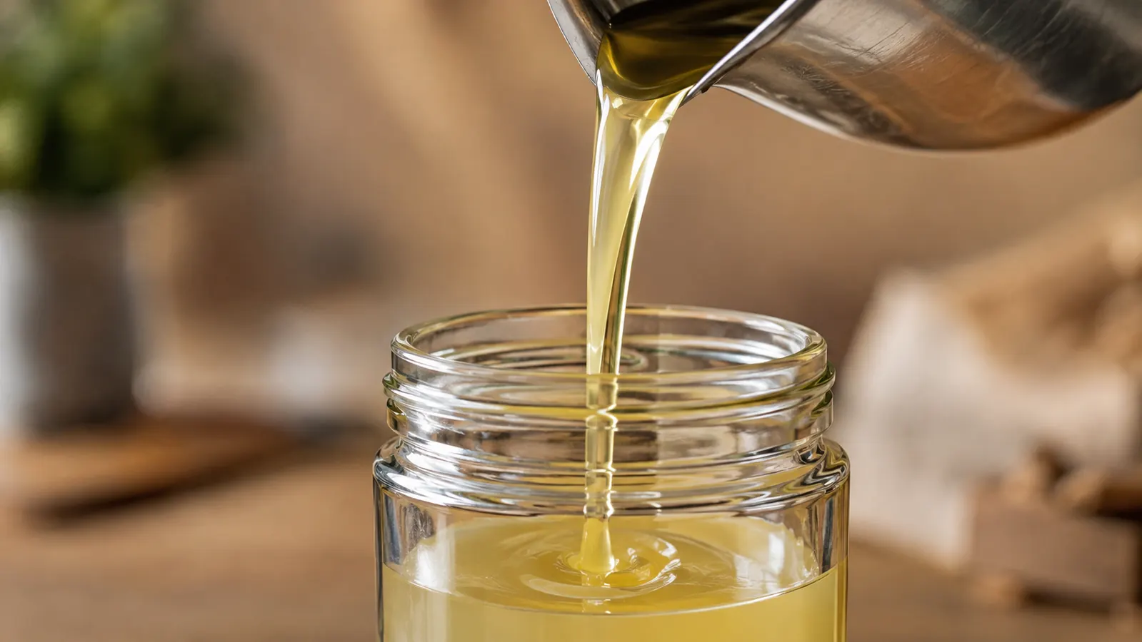 A clean pour of wax from a pouring pot spout into a candle jar with no drips on the rim