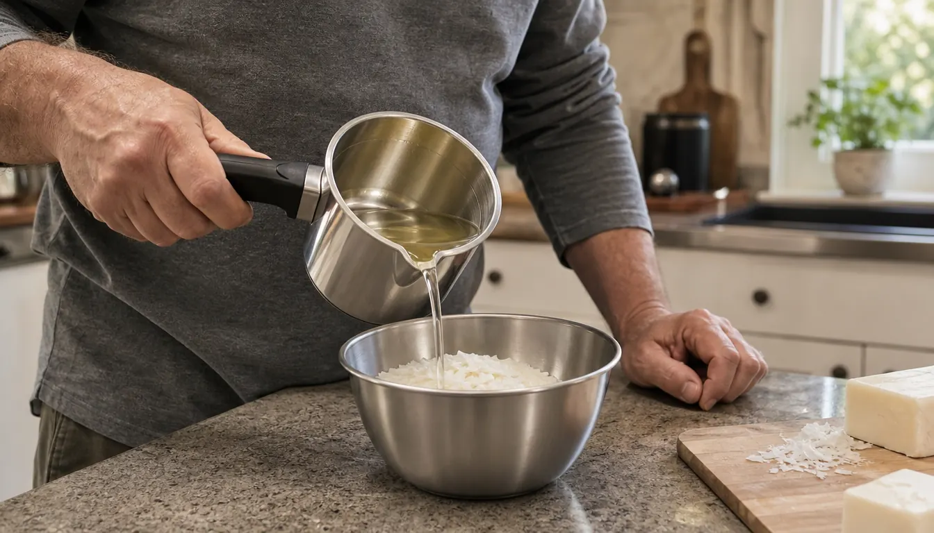 A hand holding a metal pouring pot with a dripless spout over a stainless steel bowl of wax flakes