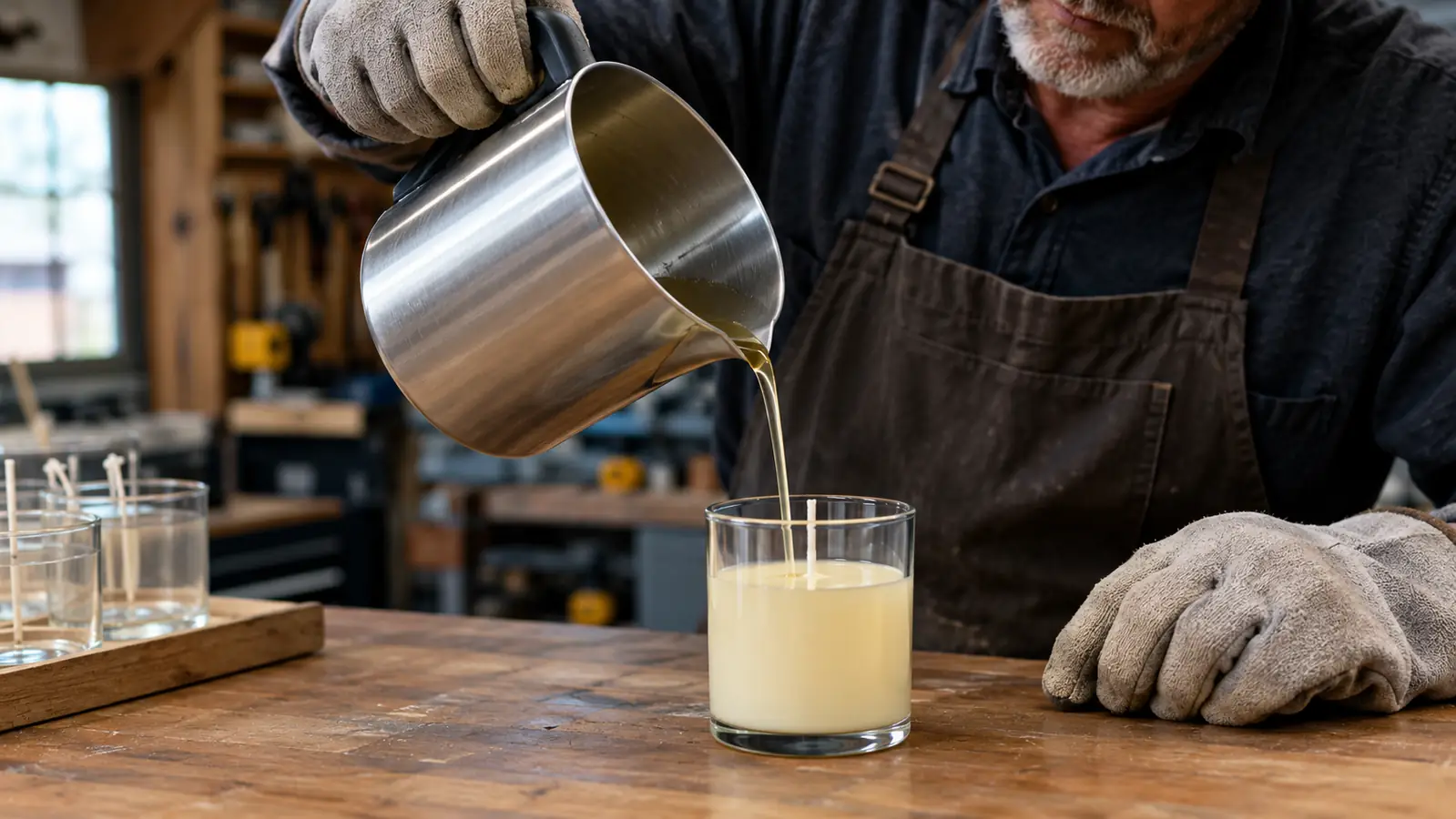A hand holding a pouring pot over a glass candle container, a thin steady stream of wax flowing from the spout