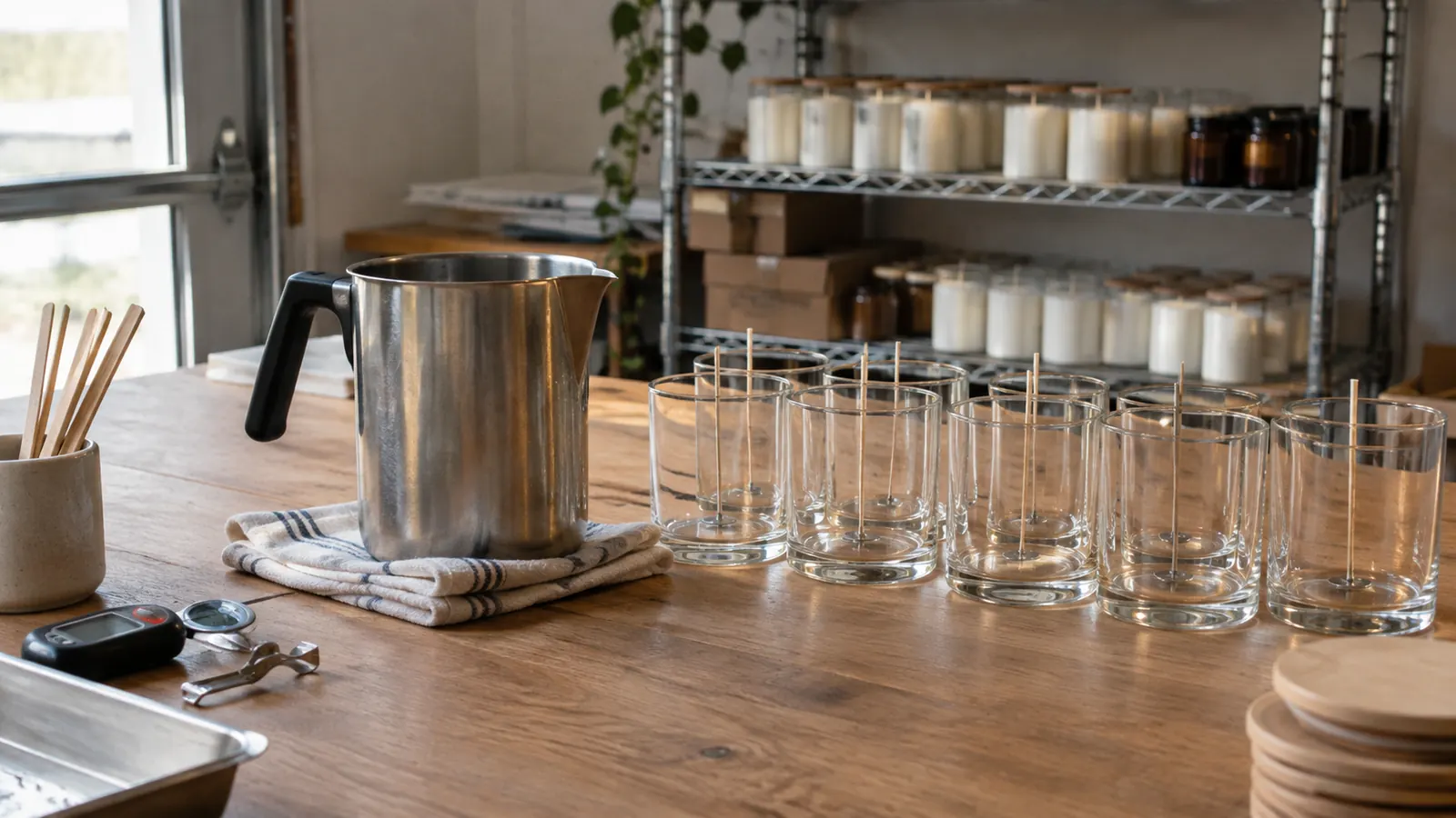 A pouring pot resting on a folded towel on a work table beside a row of glass candle containers