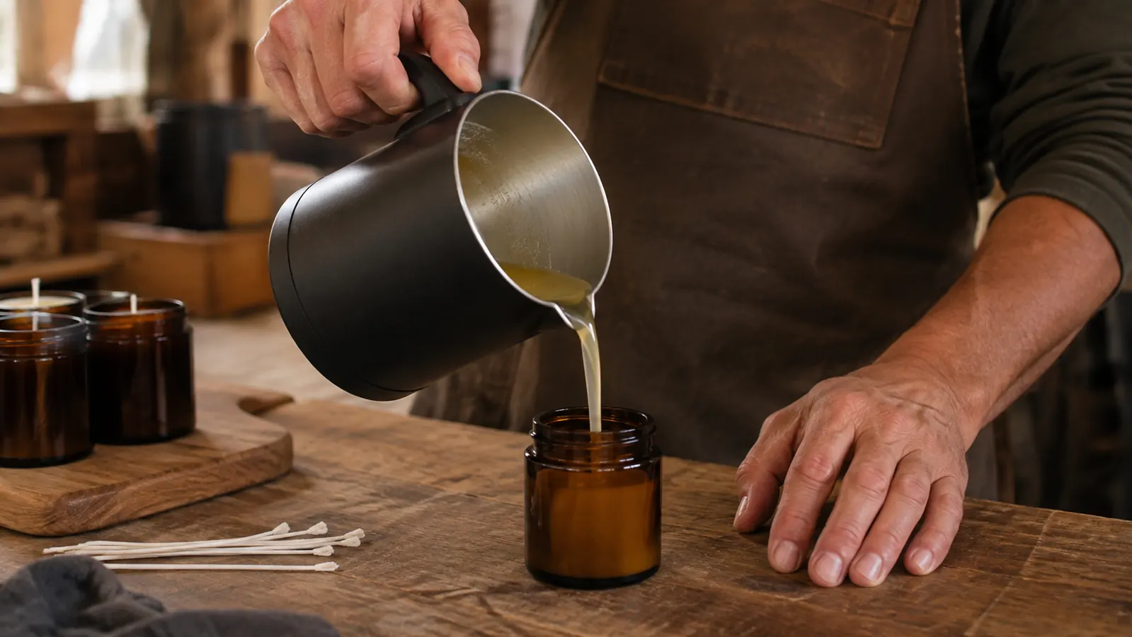A hand tilting a pouring pot over a candle jar, wax streaming from the spout into the jar