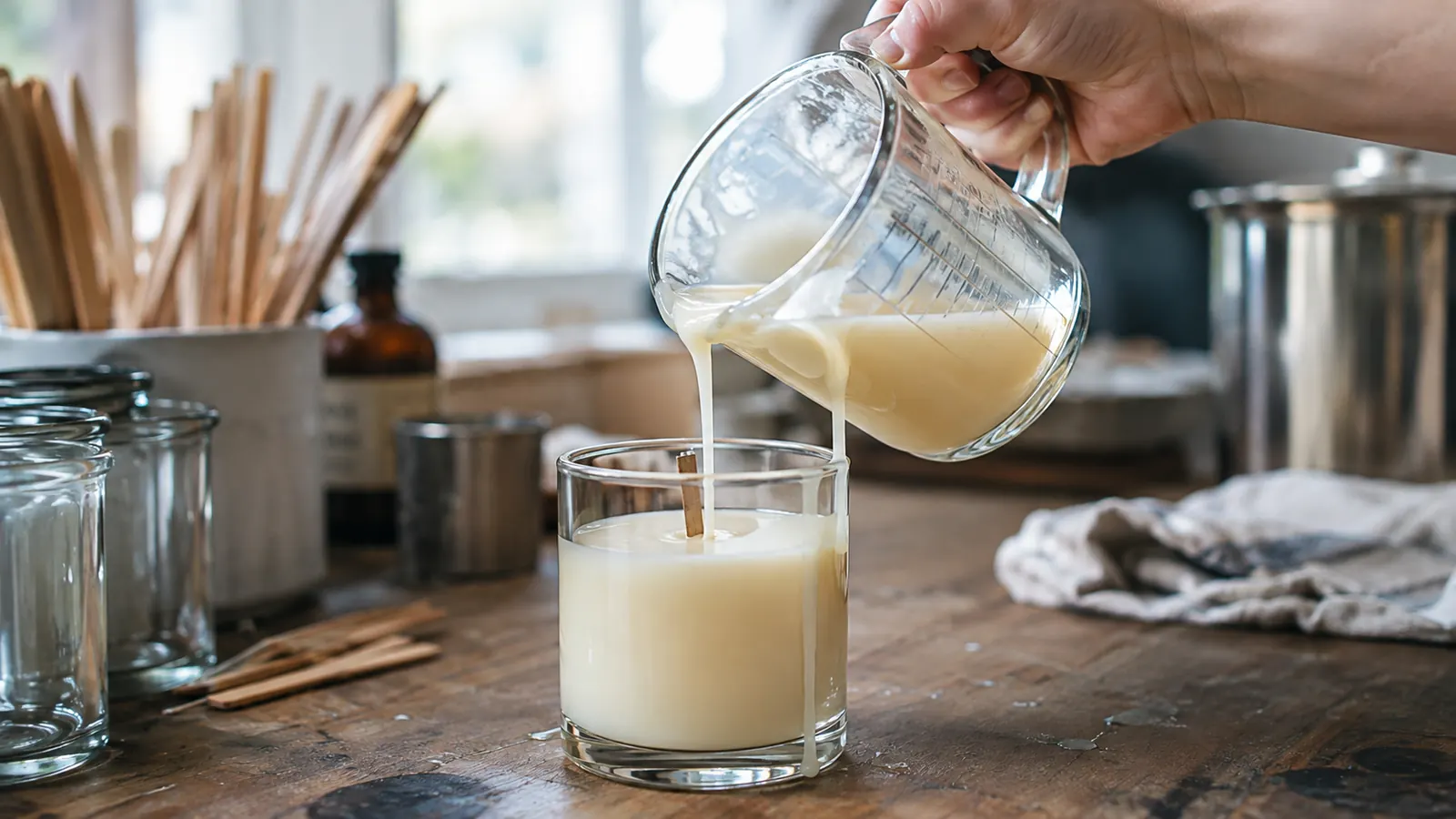A hand holding a glass measuring cup, tilting it over a candle jar, wax running down the side of the cup
