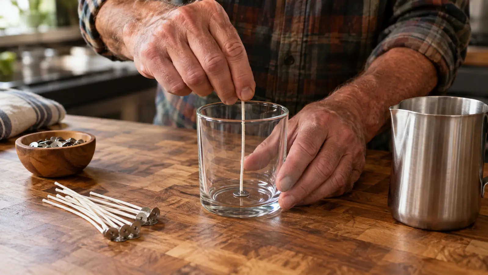 A hand placing a pre-waxed cotton wick into the center of an empty candle jar on a worktable