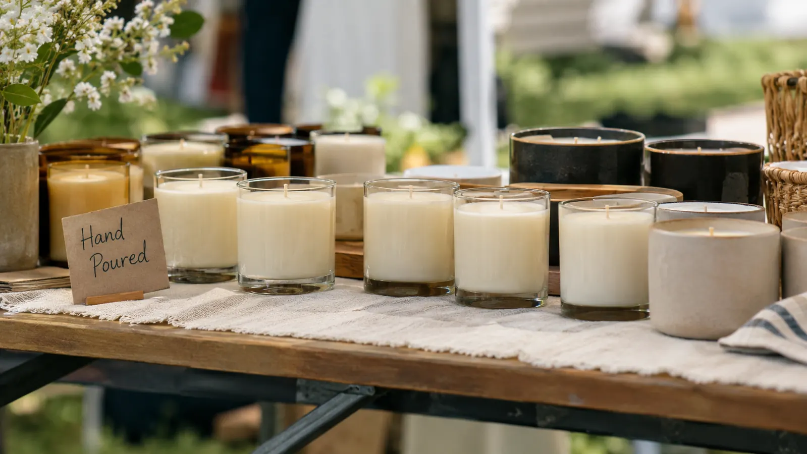 A row of finished candles on a market table with a small handwritten sign that reads Hand Poured
