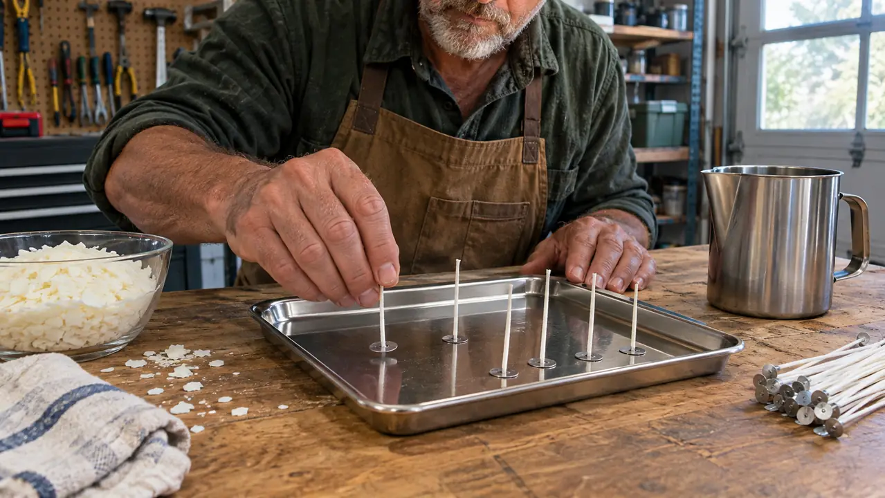 A hand placing a pre-waxed cotton wick onto a stainless steel tray beside candle-making supplies
