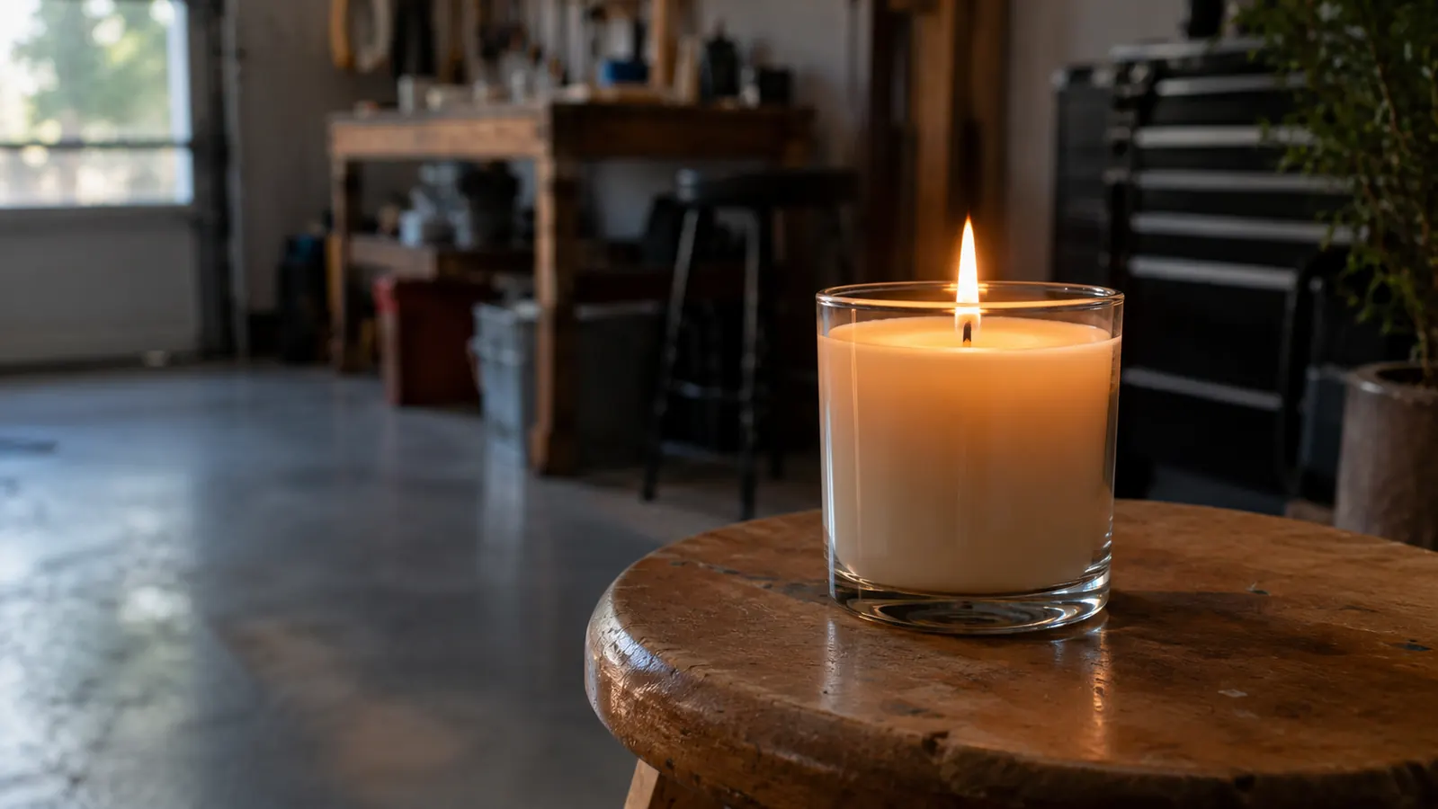 A candle burning on a wooden stool with an even flame and a clean melt pool