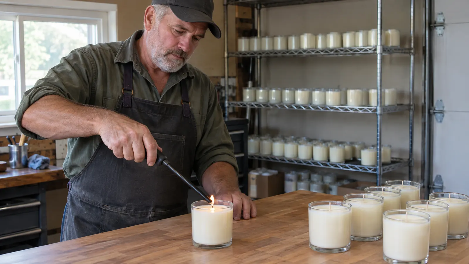 A hand lighting a candle wick with a long lighter on a garage work table with curing candles nearby