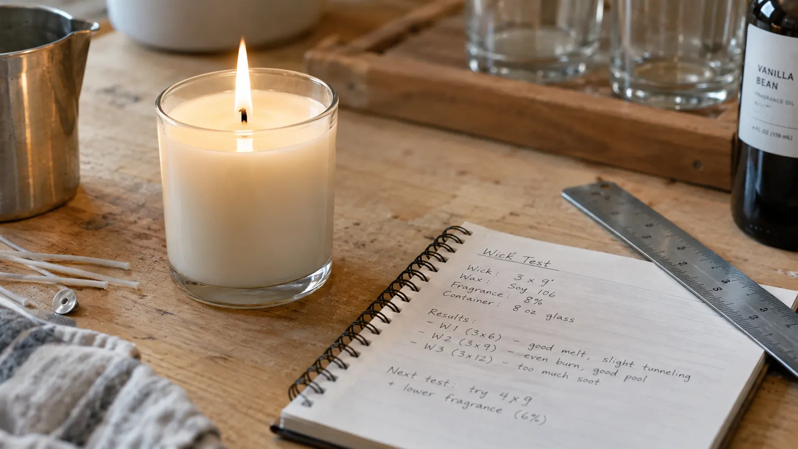 A burning candle with a steady flame next to a spiral notebook with handwritten wick test notes