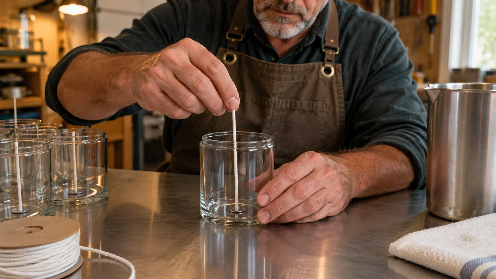A hand centering a pre-waxed cotton wick in a candle jar on a stainless worktable