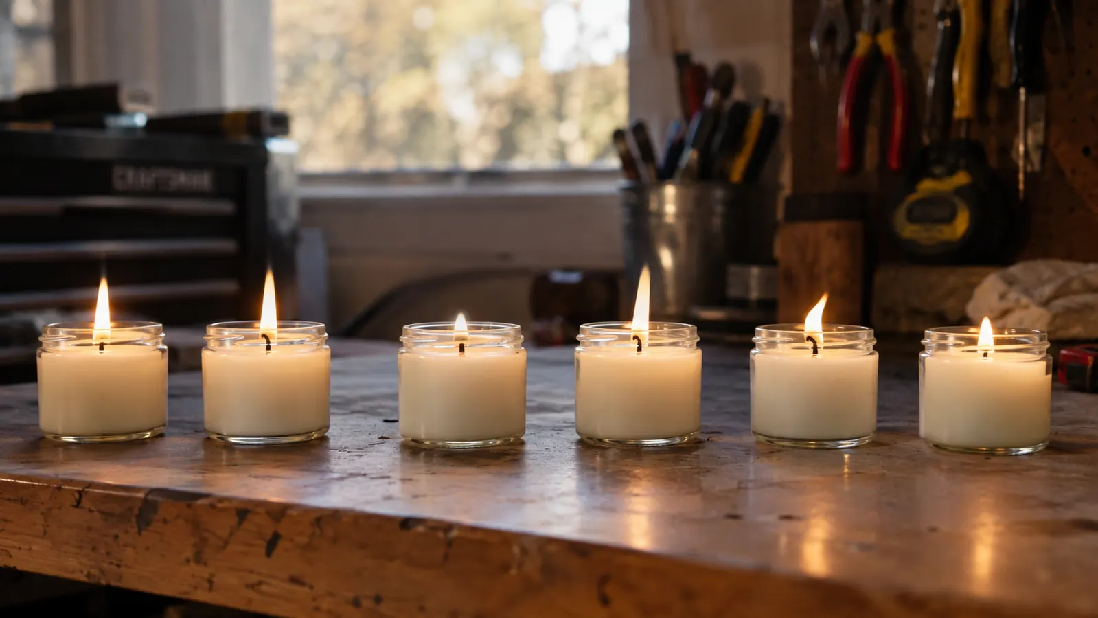 A row of small candle jars with different wick trims burning evenly on a garage worktable