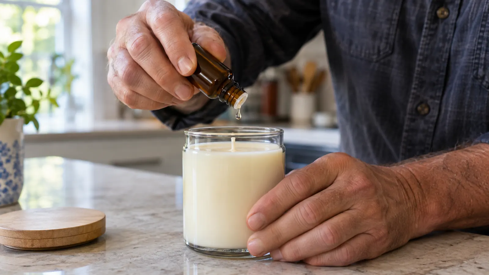 A hand holding a small dropper bottle of fragrance oil over an open candle jar on a kitchen counter