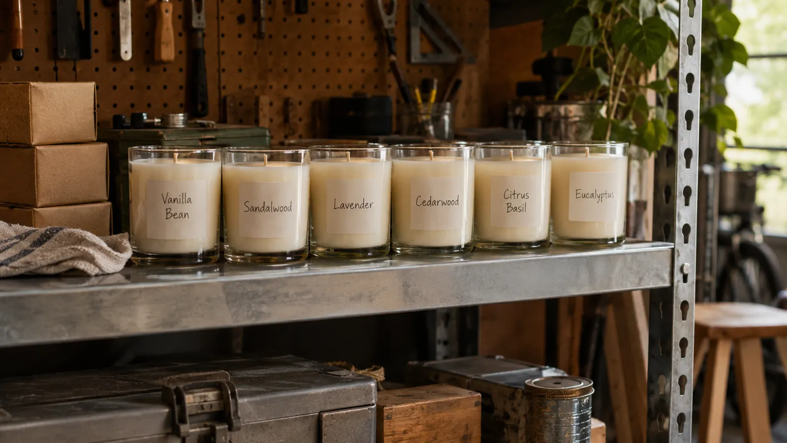 A row of finished candles on a metal utility shelf, each with a handwritten label