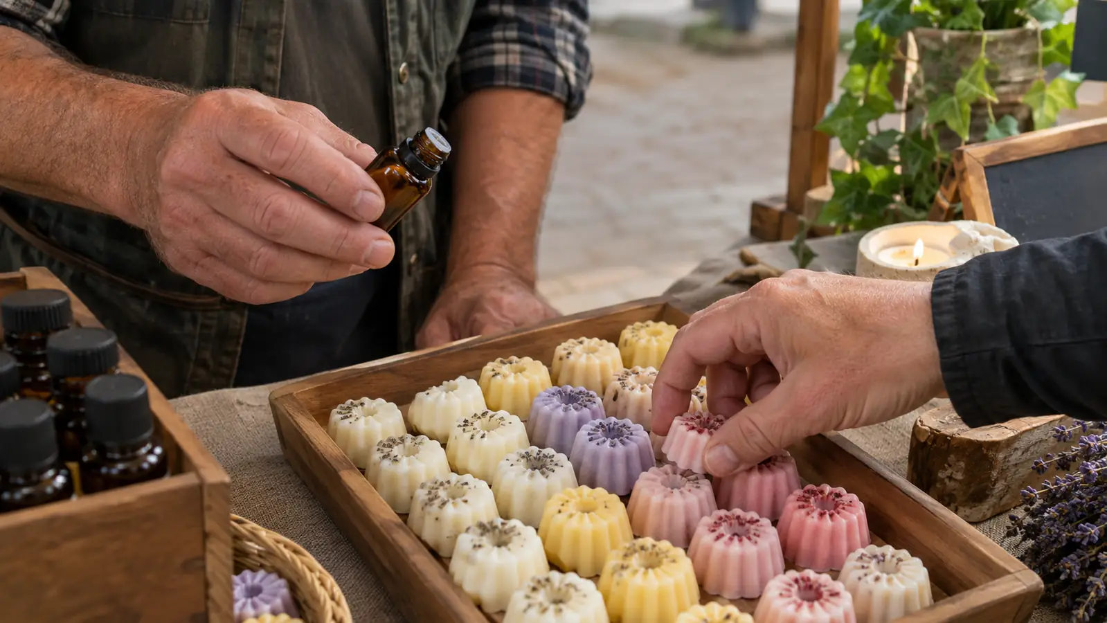 Hand holding a small bottle of fragrance oil above a tray of wax melts at a market booth