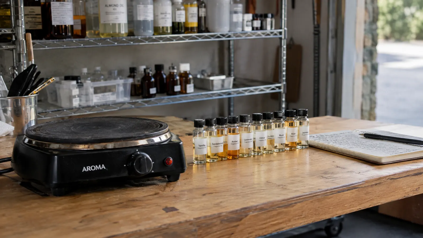 Garage worktable with an electric hot plate and small sample bottles of fragrance oil lined up beside a notebook