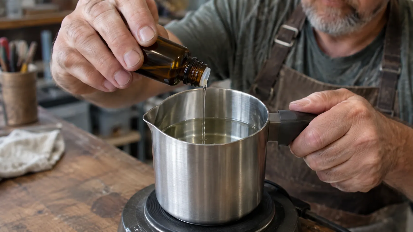 Hand pouring fragrance oil from a small bottle into melted wax in a pouring pot