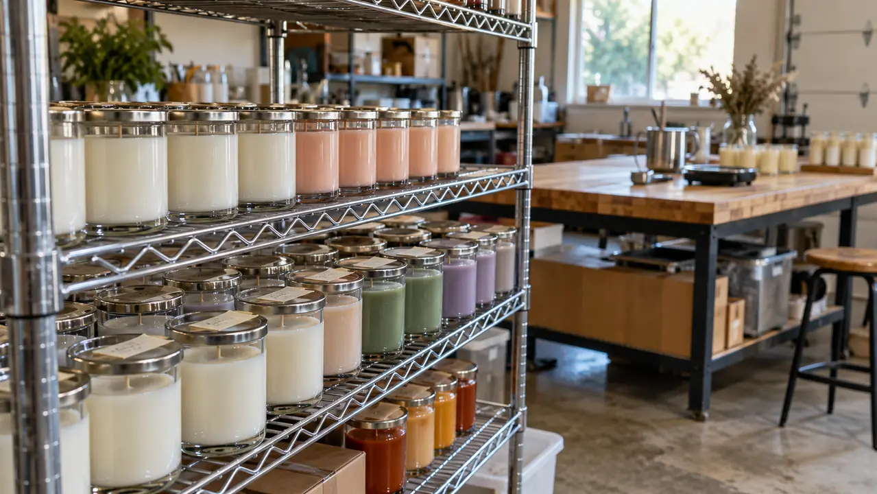 Finished container candles in glass jars lined up on a metal utility shelf with small handwritten labels