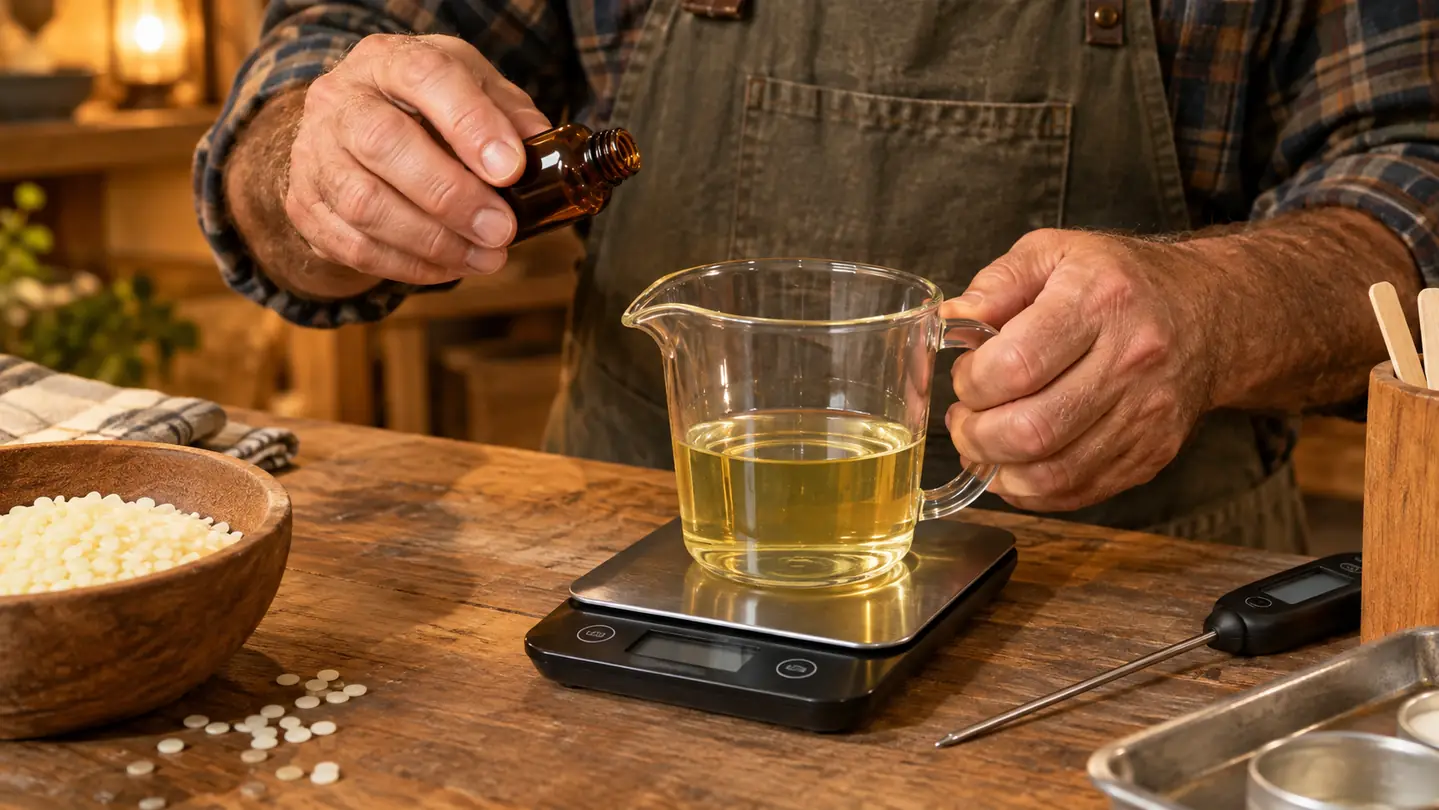 A hand holding a small bottle of fragrance oil beside a glass jar of melted candle wax