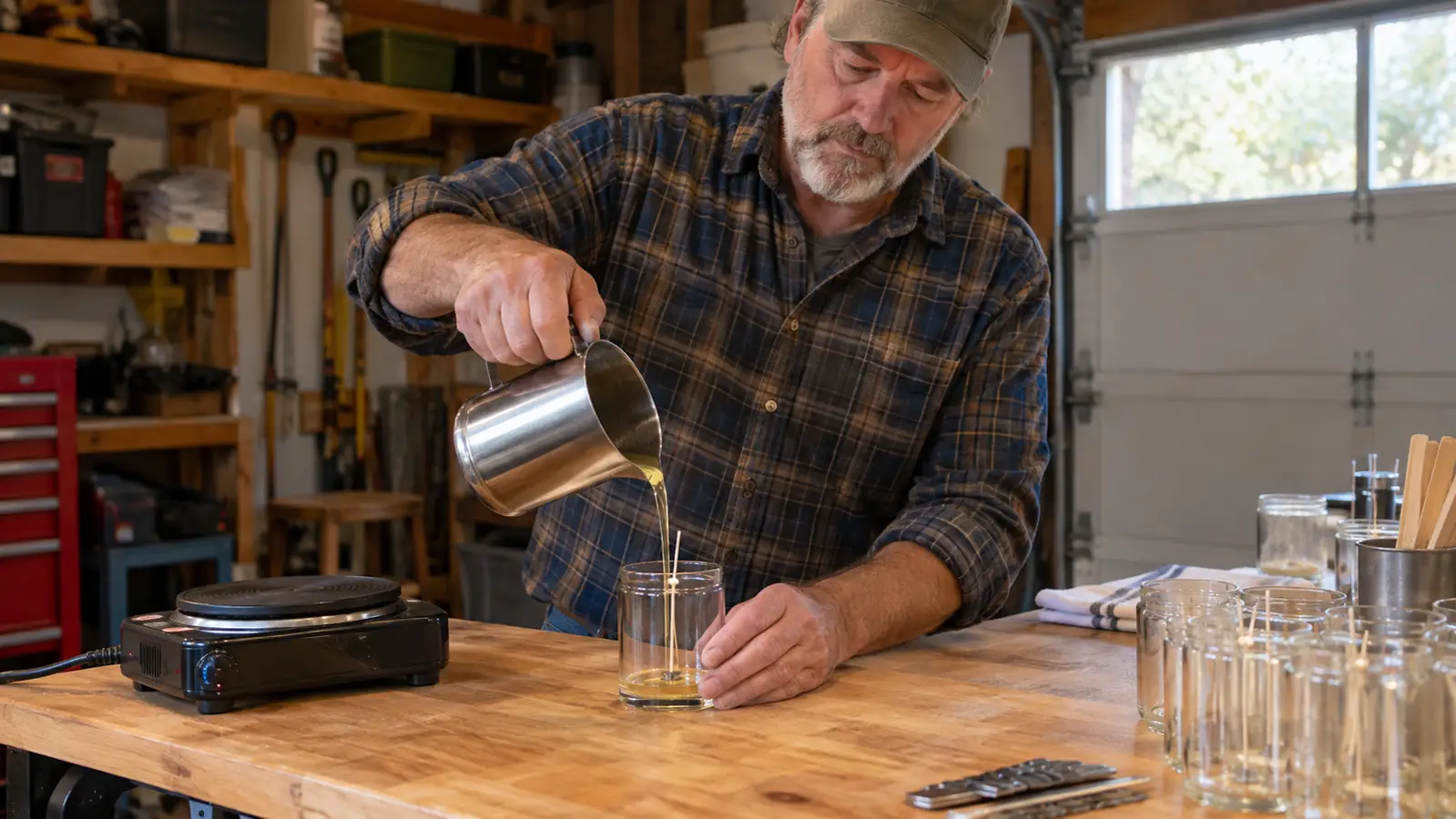 A hand pours melted wax from a small pitcher into a glass candle jar on a butcher-block table