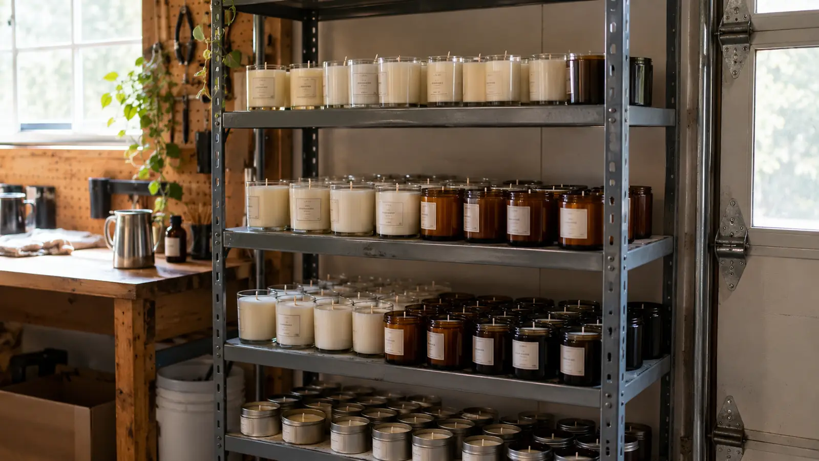 Rows of finished candles curing on a metal utility shelf in a garage workshop