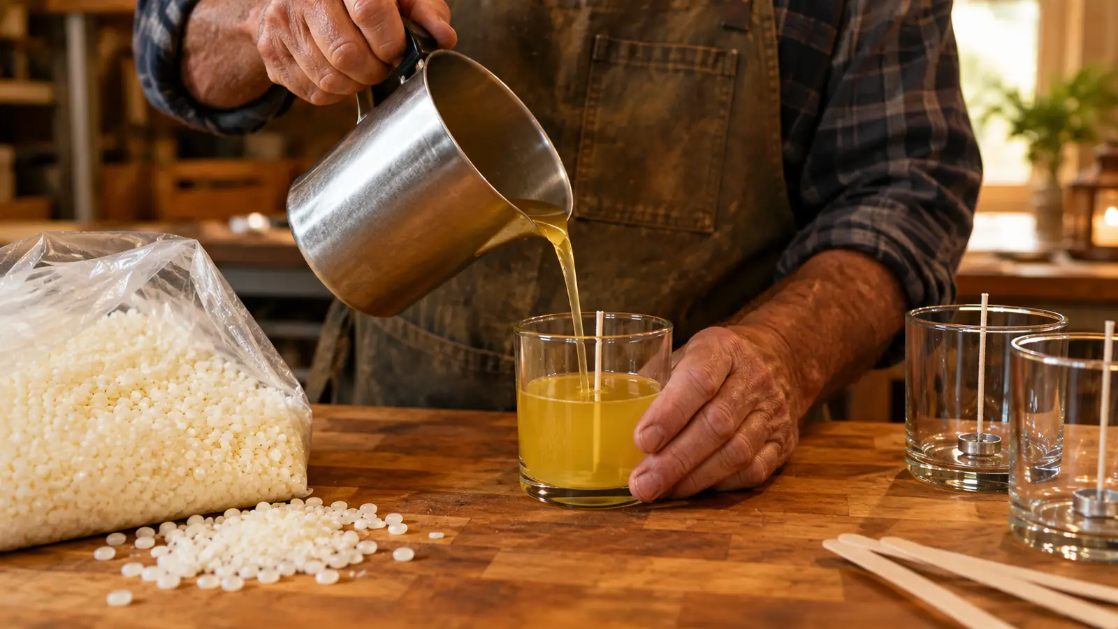 A hand pours melted wax from a pour pot into a glass candle jar on a workbench
