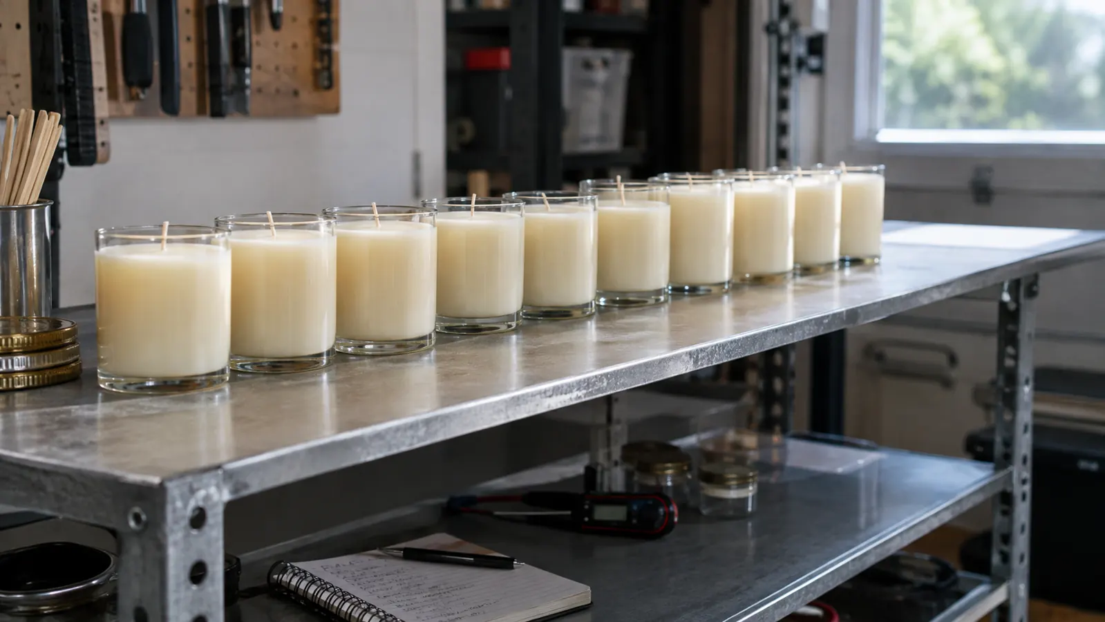 Finished candles curing in a row on a metal utility shelf in a garage workshop