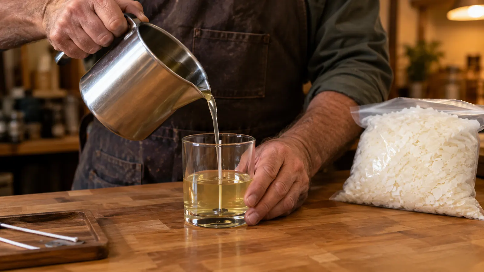 A hand pouring melted wax from a stainless pouring pot into a plain glass candle jar on a butcher-block table