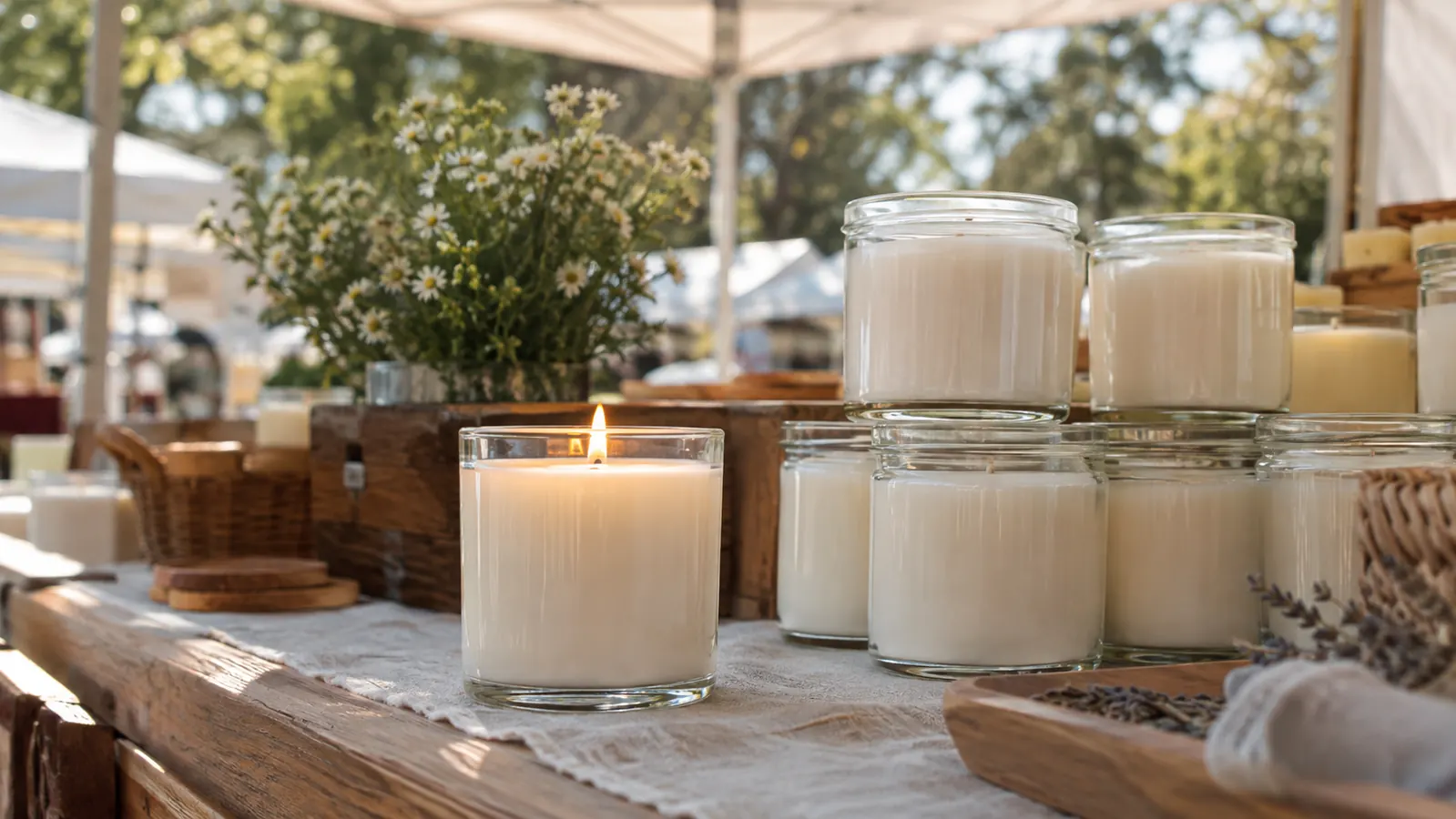 A burning soy candle in a plain glass jar on a farmers market booth table next to a stack of unlit candles