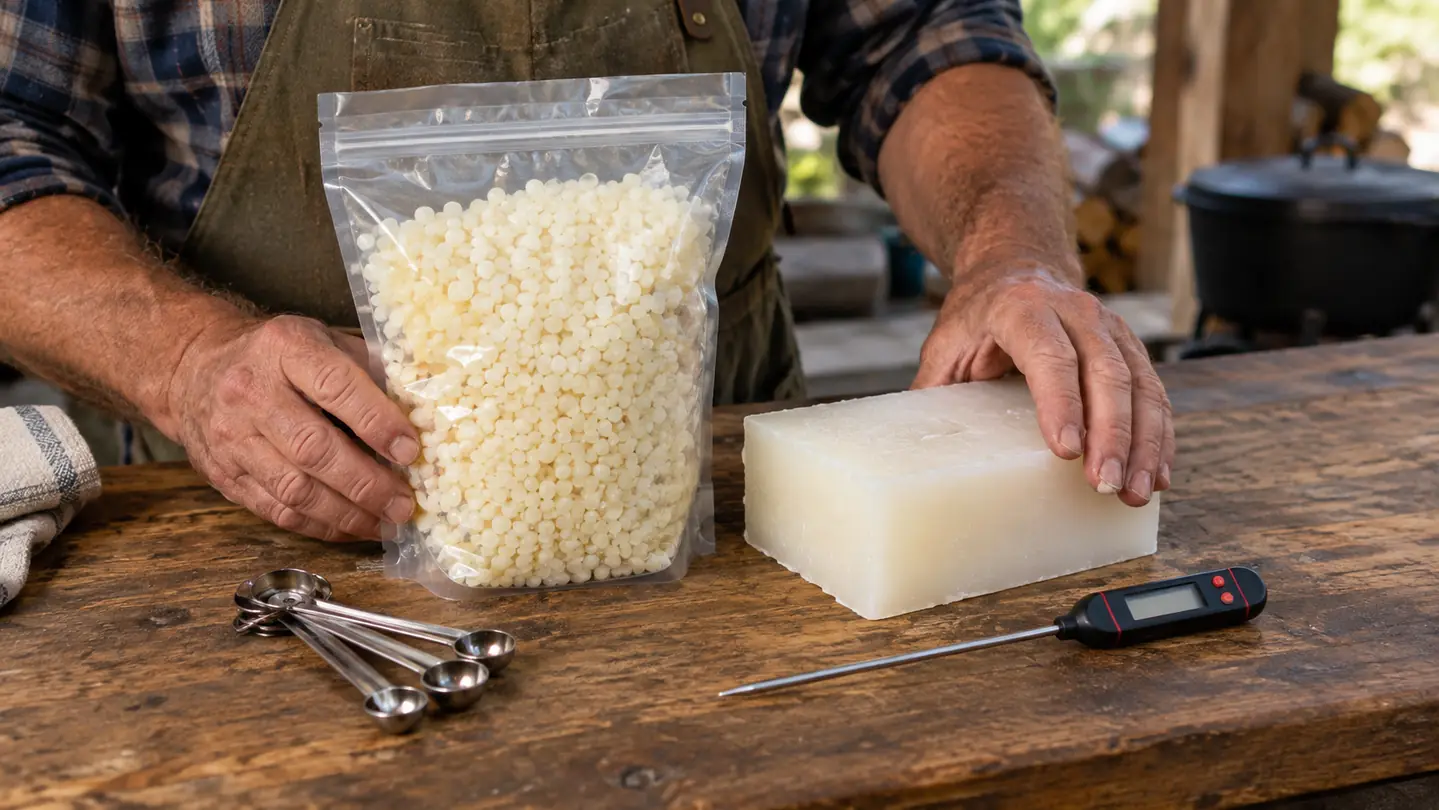 A bag of soy wax beads next to a block of paraffin wax on a workbench