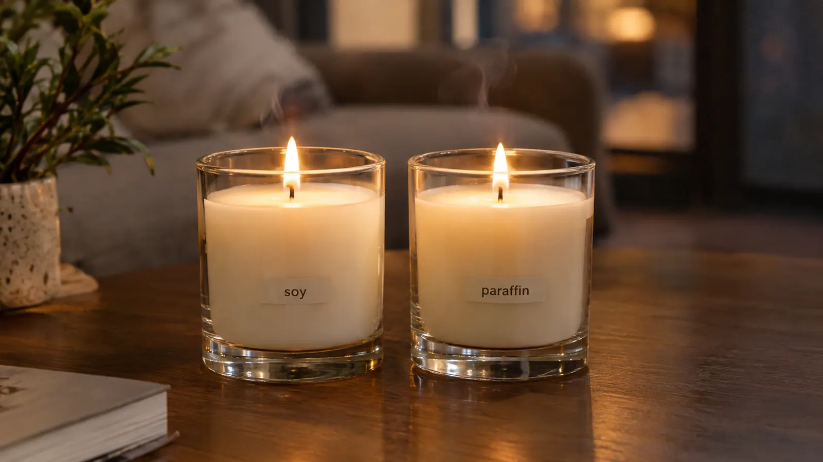 Two finished container candles, one labeled soy and one labeled paraffin, burning side by side