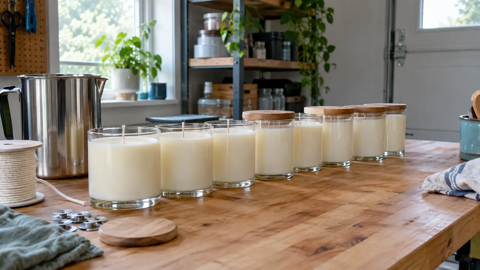 Freshly poured soy container candles cooling in a row on a wooden work table in a home workshop