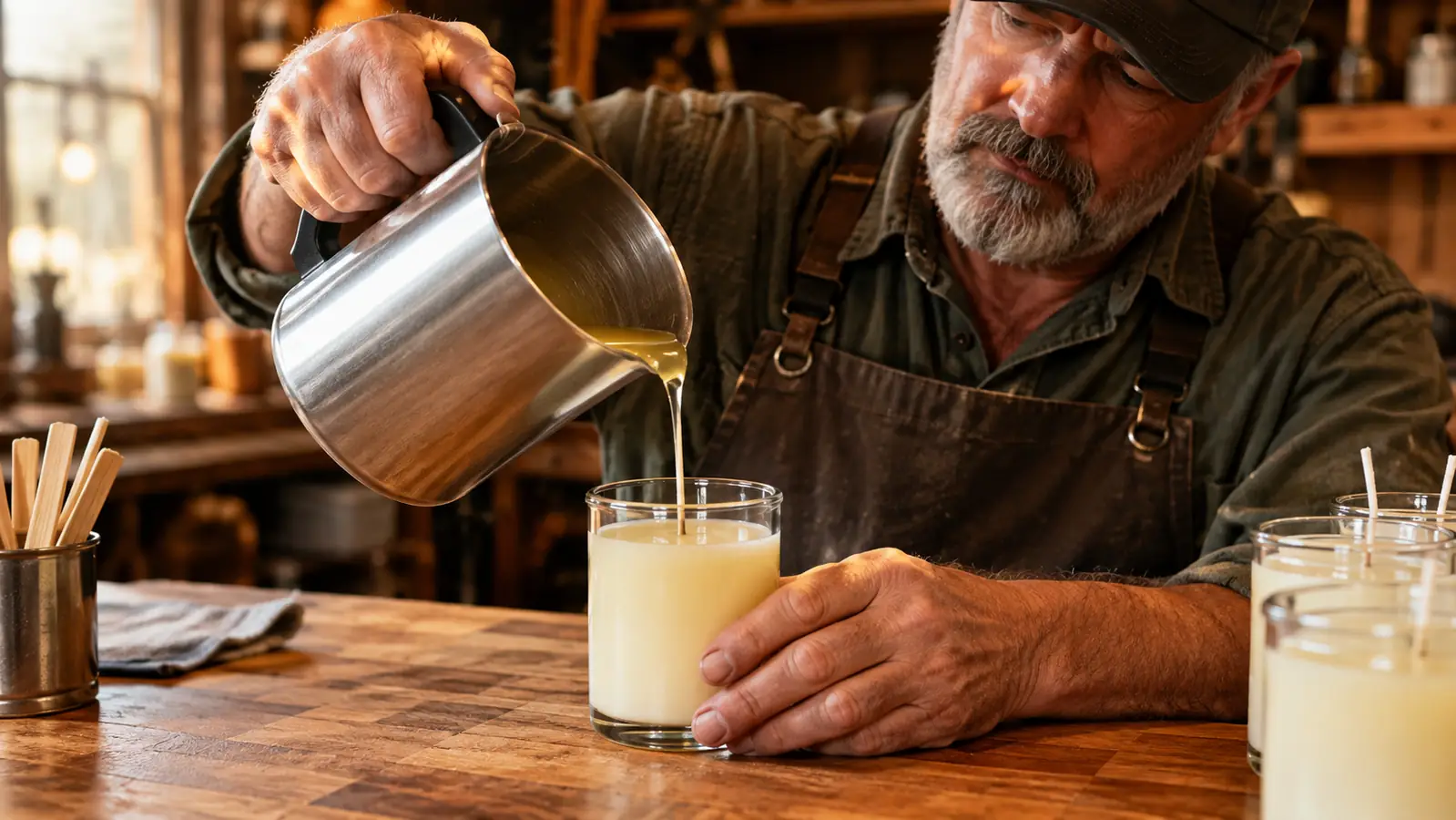 A hand gripping the handle of a pouring pot and tipping a thin stream of melted wax into a glass candle jar on a butcher block table