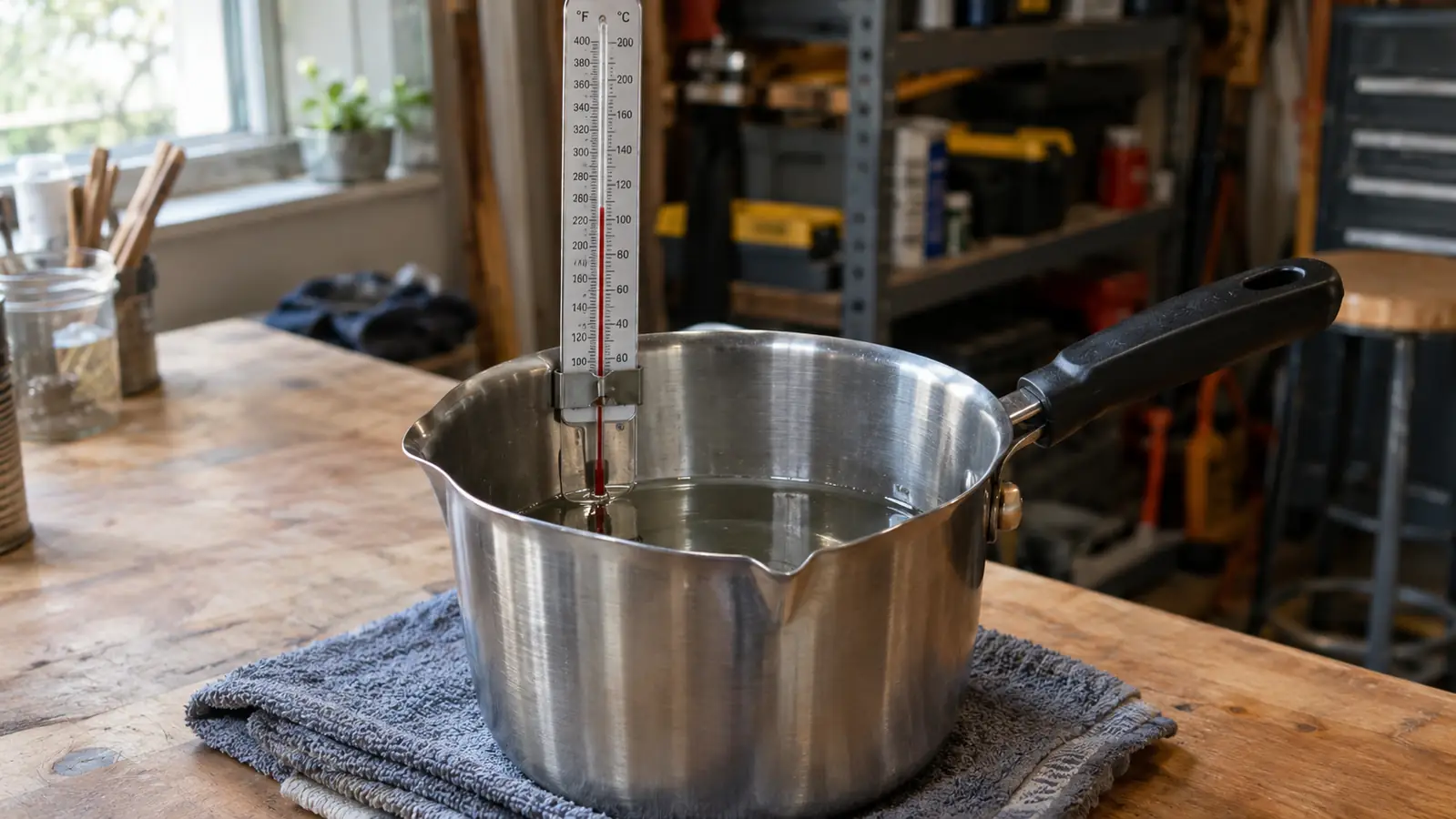 A thermometer clipped to the rim of a pouring pot full of clear melted wax on a folded towel