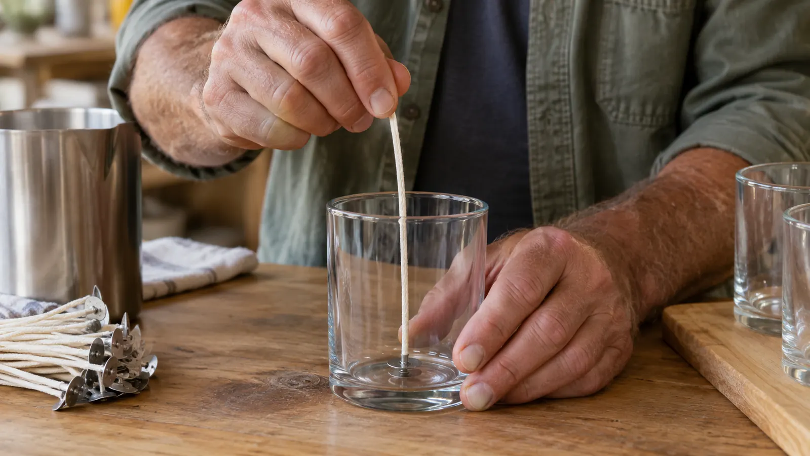 A hand lowering a pre-waxed cotton wick into an empty straight-sided glass candle jar, close-up