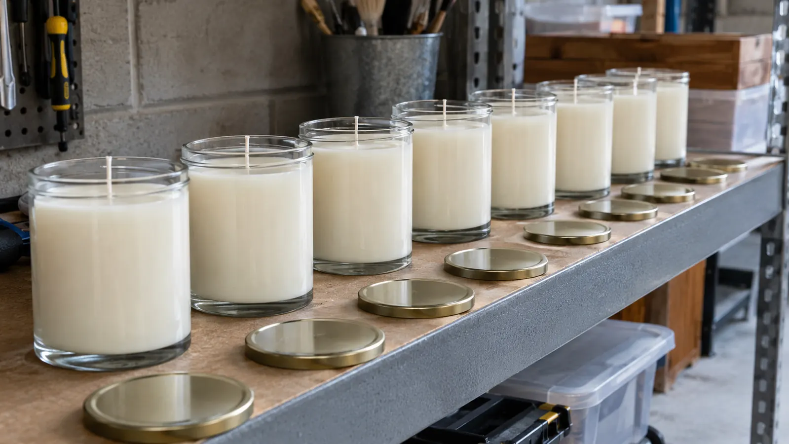 A row of glass container candles curing on a metal utility shelf