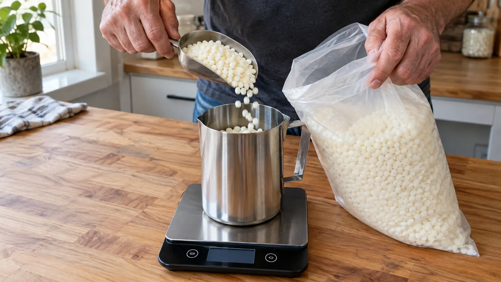 Hands scooping soy wax beads from a bag into a stainless steel pouring pitcher on a kitchen scale