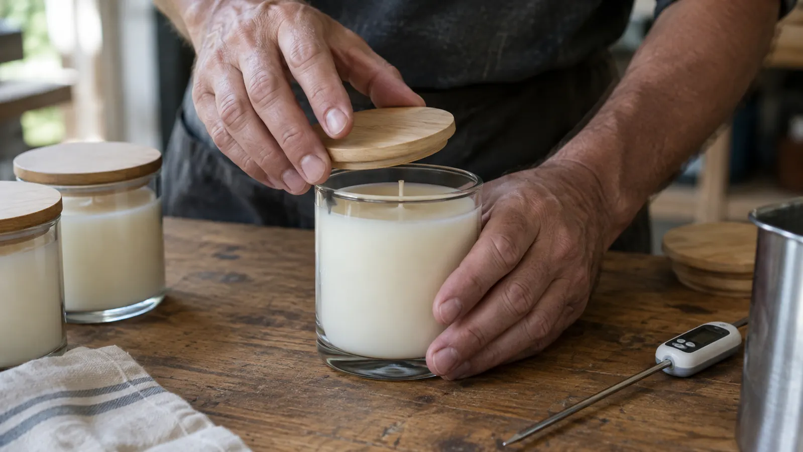 A hand centering a wooden lid on a filled clear glass candle jar on a worktable