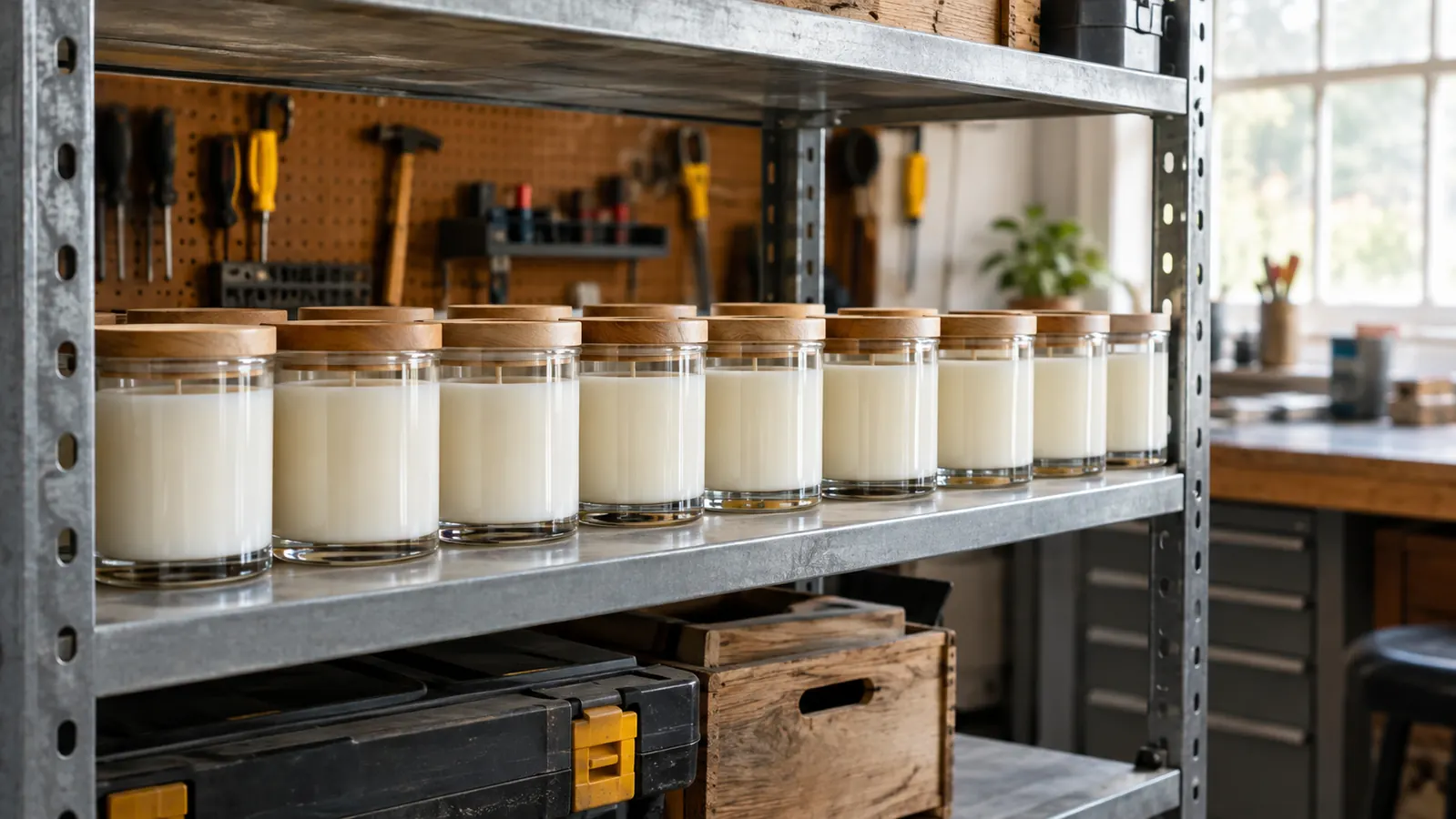 A row of finished clear glass candle jars with wooden lids curing on a metal shelf