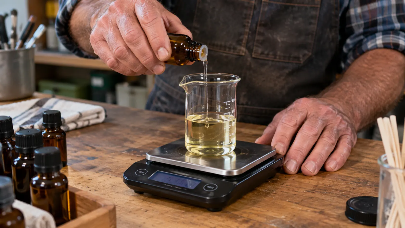 A hand holding a small bottle of fragrance oil above a glass beaker on a digital scale