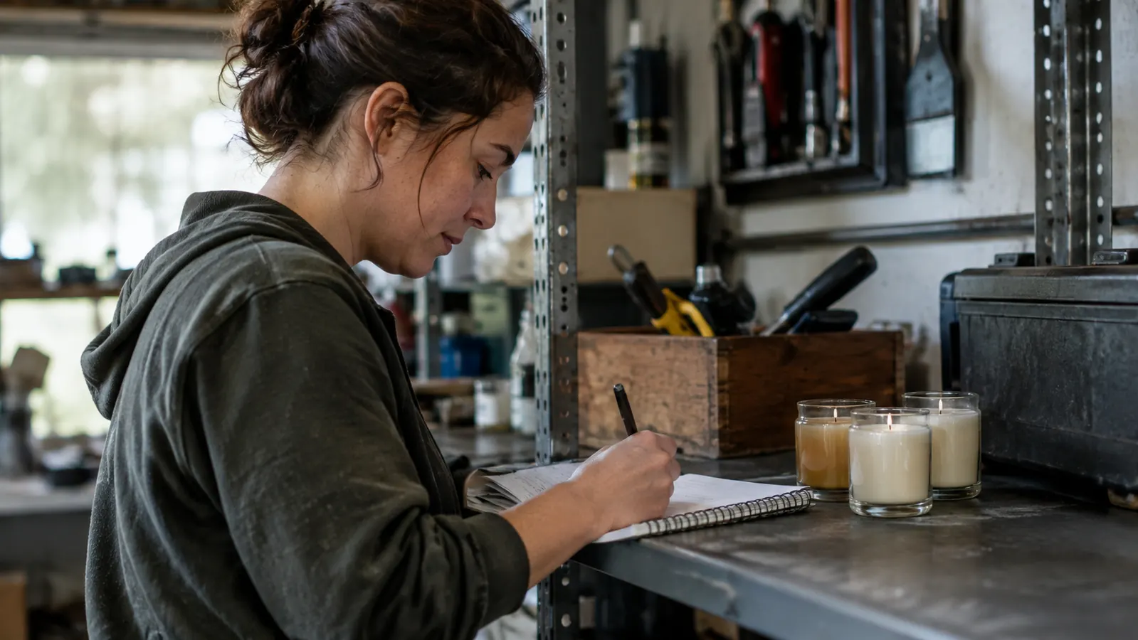 A person writing notes in a spiral notebook next to three small candle jars on a metal shelf