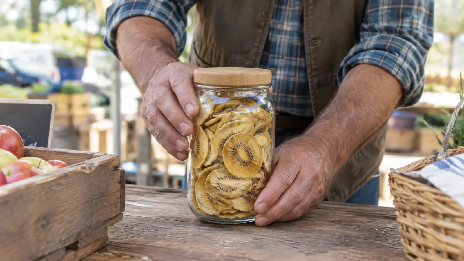 A hand placing a glass jar with a wood lid onto a market display table